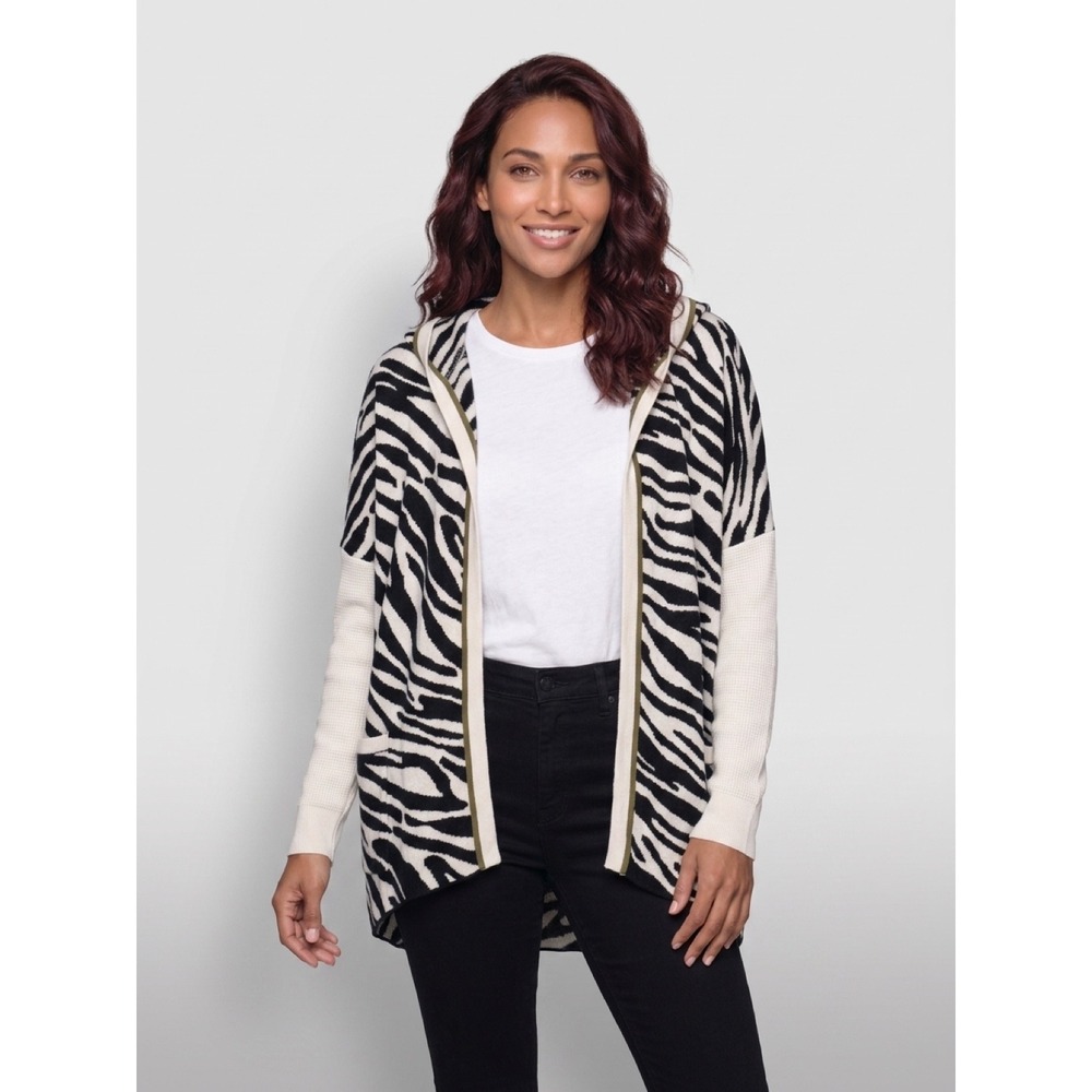 Belldini Womens XL Zebra Print Hooded Open Front Cardigan Sweater Black White